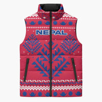 Nepal Christmas Sleeveless Puffer Jacket with Red-Blue Design, National Emblem, and Snowflake Motif - Wonder Print Shop