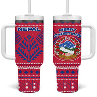 Nepal Christmas Tumbler With Handle with Red-Blue Design, National Emblem, and Snowflake Motif - Wonder Print Shop