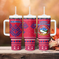 Nepal Christmas Tumbler With Handle with Red-Blue Design, National Emblem, and Snowflake Motif - Wonder Print Shop