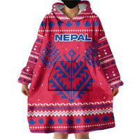 Nepal Christmas Wearable Blanket Hoodie with Red-Blue Design, National Emblem, and Snowflake Motif - Wonder Print Shop
