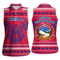 Nepal Christmas Women Sleeveless Polo Shirt with Red-Blue Design, National Emblem, and Snowflake Motif - Wonder Print Shop