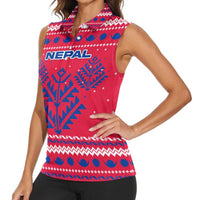 Nepal Christmas Women Sleeveless Polo Shirt with Red-Blue Design, National Emblem, and Snowflake Motif - Wonder Print Shop