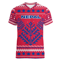 Nepal Christmas Women V-Neck T-Shirt with Red-Blue Design, National Emblem, and Snowflake Motif - Wonder Print Shop