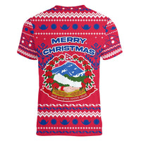 Nepal Christmas Women V-Neck T-Shirt with Red-Blue Design, National Emblem, and Snowflake Motif - Wonder Print Shop