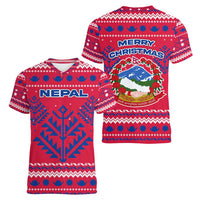 Nepal Christmas Women V-Neck T-Shirt with Red-Blue Design, National Emblem, and Snowflake Motif - Wonder Print Shop