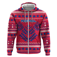 Nepal Christmas Zip Hoodie with Red-Blue Design, National Emblem, and Snowflake Motif - Wonder Print Shop