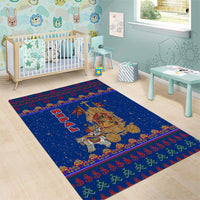 Nepal Christmas Area Rug with Blue-Red Pattern, Hindu Chariot Scene, and Om Symbol Motif - Wonder Print Shop