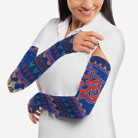 Nepal Christmas Arm Sleeves with Blue-Red Pattern, Hindu Chariot Scene, and Om Symbol Motif - Wonder Print Shop