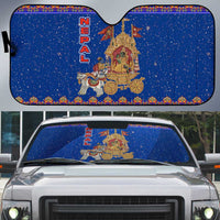Nepal Christmas Auto Sun Shade with Blue-Red Pattern, Hindu Chariot Scene, and Om Symbol Motif - Wonder Print Shop