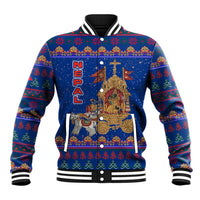 Nepal Christmas Baseball Jacket with Blue-Red Pattern, Hindu Chariot Scene, and Om Symbol Motif - Wonder Print Shop