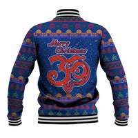 Nepal Christmas Baseball Jacket with Blue-Red Pattern, Hindu Chariot Scene, and Om Symbol Motif - Wonder Print Shop