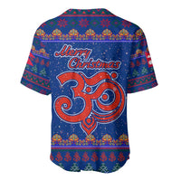 Nepal Christmas Baseball Jersey with Blue-Red Pattern, Hindu Chariot Scene, and Om Symbol Motif - Wonder Print Shop