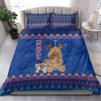 Nepal Christmas Bedding Set with Blue-Red Pattern, Hindu Chariot Scene, and Om Symbol Motif - Wonder Print Shop