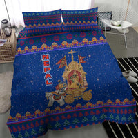 Nepal Christmas Bedding Set with Blue-Red Pattern, Hindu Chariot Scene, and Om Symbol Motif - Wonder Print Shop