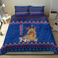 Nepal Christmas Bedding Set with Blue-Red Pattern, Hindu Chariot Scene, and Om Symbol Motif - Wonder Print Shop