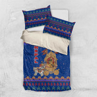 Nepal Christmas Bedding Set with Blue-Red Pattern, Hindu Chariot Scene, and Om Symbol Motif - Wonder Print Shop