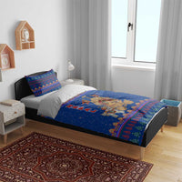Nepal Christmas Bedding Set with Blue-Red Pattern, Hindu Chariot Scene, and Om Symbol Motif - Wonder Print Shop