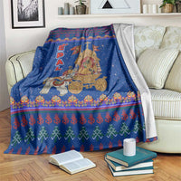 Nepal Christmas Blanket with Blue-Red Pattern, Hindu Chariot Scene, and Om Symbol Motif - Wonder Print Shop