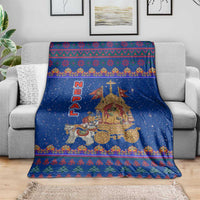 Nepal Christmas Blanket with Blue-Red Pattern, Hindu Chariot Scene, and Om Symbol Motif - Wonder Print Shop