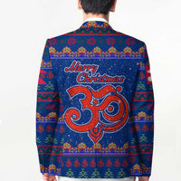 Nepal Christmas Blazer with Blue-Red Pattern, Hindu Chariot Scene, and Om Symbol Motif - Wonder Print Shop