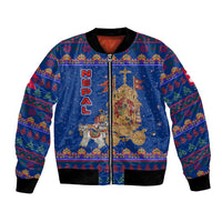 Nepal Christmas Bomber Jacket with Blue-Red Pattern, Hindu Chariot Scene, and Om Symbol Motif - Wonder Print Shop