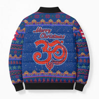 Nepal Christmas Bomber Puffer Jacket with Blue-Red Pattern, Hindu Chariot Scene, and Om Symbol Motif - Wonder Print Shop