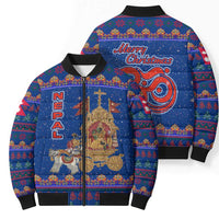 Nepal Christmas Bomber Puffer Jacket with Blue-Red Pattern, Hindu Chariot Scene, and Om Symbol Motif - Wonder Print Shop