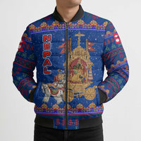 Nepal Christmas Bomber Puffer Jacket with Blue-Red Pattern, Hindu Chariot Scene, and Om Symbol Motif - Wonder Print Shop