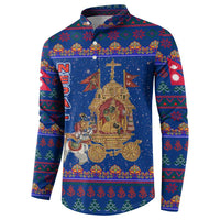 Nepal Christmas Button Sweatshirt with Blue-Red Pattern, Hindu Chariot Scene, and Om Symbol Motif - Wonder Print Shop