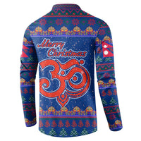 Nepal Christmas Button Sweatshirt with Blue-Red Pattern, Hindu Chariot Scene, and Om Symbol Motif - Wonder Print Shop