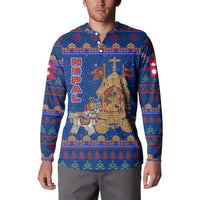 Nepal Christmas Button Sweatshirt with Blue-Red Pattern, Hindu Chariot Scene, and Om Symbol Motif - Wonder Print Shop