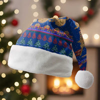 Nepal Christmas Santa Hat with Blue-Red Pattern, Hindu Chariot Scene, and Om Symbol Motif - Wonder Print Shop
