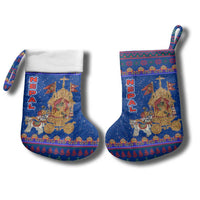 Nepal Christmas Stocking with Blue-Red Pattern, Hindu Chariot Scene, and Om Symbol Motif - Wonder Print Shop