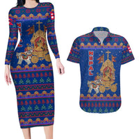 Nepal Christmas Couples Matching Long Sleeve Bodycon Dress and Hawaiian Shirt with Blue-Red Pattern, Hindu Chariot Scene, and Om Symbol Motif - Wonder Print Shop