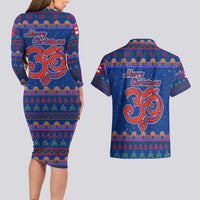 Nepal Christmas Couples Matching Long Sleeve Bodycon Dress and Hawaiian Shirt with Blue-Red Pattern, Hindu Chariot Scene, and Om Symbol Motif - Wonder Print Shop