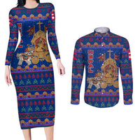 Nepal Christmas Couples Matching Long Sleeve Bodycon Dress and Long Sleeve Button Shirt with Blue-Red Pattern, Hindu Chariot Scene, and Om Symbol Motif - Wonder Print Shop