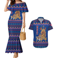 Nepal Christmas Couples Matching Mermaid Dress and Hawaiian Shirt with Blue-Red Pattern, Hindu Chariot Scene, and Om Symbol Motif - Wonder Print Shop