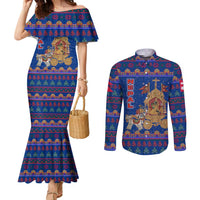 Nepal Christmas Couples Matching Mermaid Dress and Long Sleeve Button Shirt with Blue-Red Pattern, Hindu Chariot Scene, and Om Symbol Motif - Wonder Print Shop