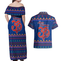 Nepal Christmas Couples Matching Off Shoulder Maxi Dress and Hawaiian Shirt with Blue-Red Pattern, Hindu Chariot Scene, and Om Symbol Motif - Wonder Print Shop