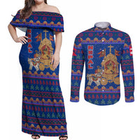 Nepal Christmas Couples Matching Off Shoulder Maxi Dress and Long Sleeve Button Shirt with Blue-Red Pattern, Hindu Chariot Scene, and Om Symbol Motif - Wonder Print Shop