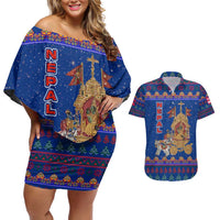 Nepal Christmas Couples Matching Off Shoulder Short Dress and Hawaiian Shirt with Blue-Red Pattern, Hindu Chariot Scene, and Om Symbol Motif - Wonder Print Shop