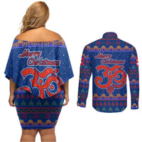 Nepal Christmas Couples Matching Off Shoulder Short Dress and Long Sleeve Button Shirt with Blue-Red Pattern, Hindu Chariot Scene, and Om Symbol Motif - Wonder Print Shop