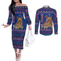 Nepal Christmas Couples Matching Off The Shoulder Long Sleeve Dress and Long Sleeve Button Shirt with Blue-Red Pattern, Hindu Chariot Scene, and Om Symbol Motif - Wonder Print Shop