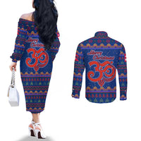 Nepal Christmas Couples Matching Off The Shoulder Long Sleeve Dress and Long Sleeve Button Shirt with Blue-Red Pattern, Hindu Chariot Scene, and Om Symbol Motif - Wonder Print Shop