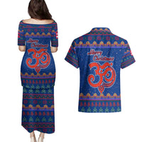 Nepal Christmas Couples Matching Puletasi and Hawaiian Shirt with Blue-Red Pattern, Hindu Chariot Scene, and Om Symbol Motif - Wonder Print Shop