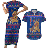 Nepal Christmas Couples Matching Short Sleeve Bodycon Dress and Hawaiian Shirt with Blue-Red Pattern, Hindu Chariot Scene, and Om Symbol Motif - Wonder Print Shop