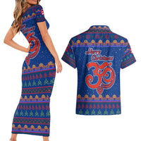 Nepal Christmas Couples Matching Short Sleeve Bodycon Dress and Hawaiian Shirt with Blue-Red Pattern, Hindu Chariot Scene, and Om Symbol Motif - Wonder Print Shop