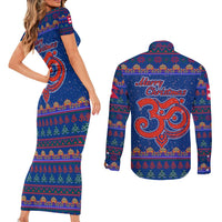 Nepal Christmas Couples Matching Short Sleeve Bodycon Dress and Long Sleeve Button Shirt with Blue-Red Pattern, Hindu Chariot Scene, and Om Symbol Motif - Wonder Print Shop