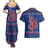Nepal Christmas Couples Matching Summer Maxi Dress and Hawaiian Shirt with Blue-Red Pattern, Hindu Chariot Scene, and Om Symbol Motif - Wonder Print Shop