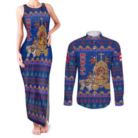 Nepal Christmas Couples Matching Tank Maxi Dress and Long Sleeve Button Shirt with Blue-Red Pattern, Hindu Chariot Scene, and Om Symbol Motif - Wonder Print Shop